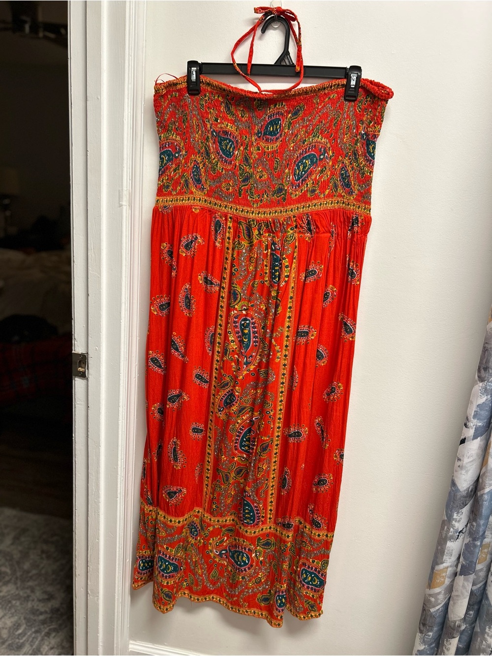 Strapless Tomato Red Paisley Smocked Maxi Dress
